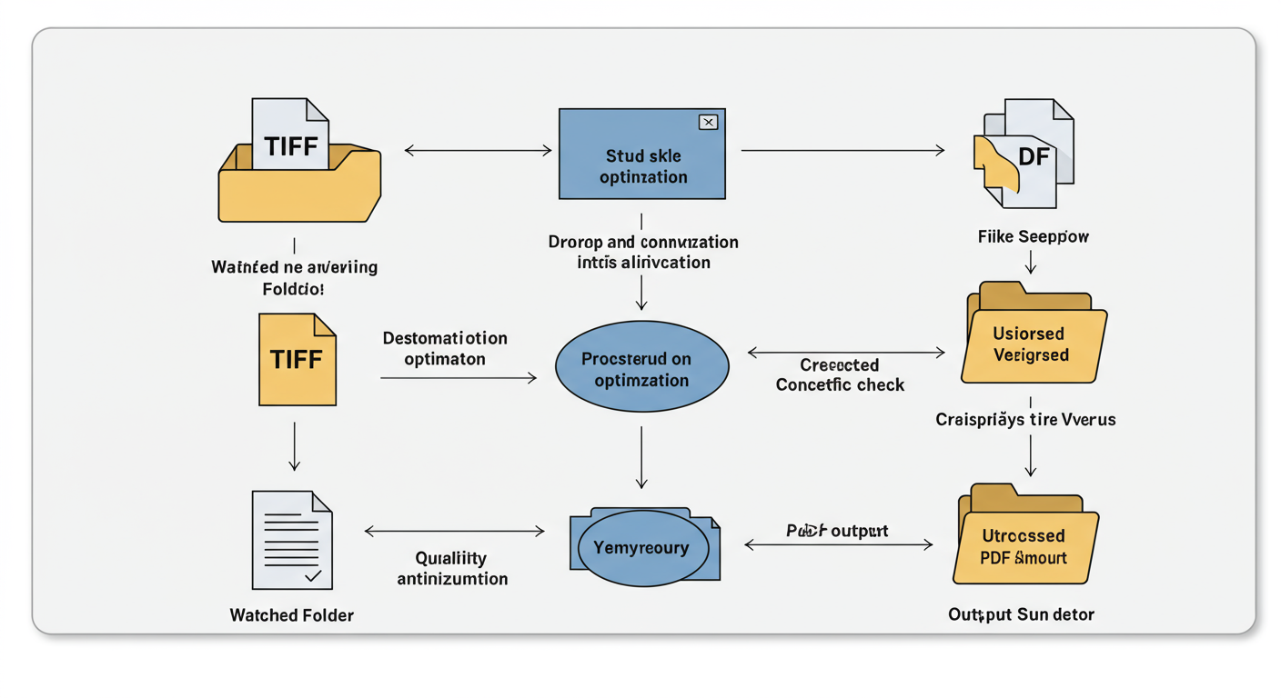 Convert TIFF to PDF - professional minimalist flowchart showing the workflow of a 'watched folder' in desktop software, from dropping a TIFF file in to the final PDF appearing in another folder