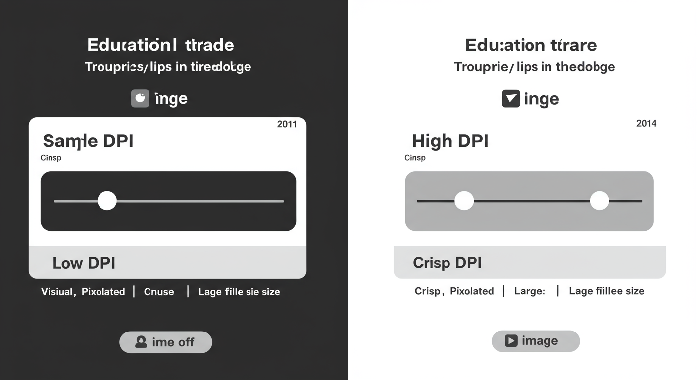 Convert TIFF to PDF - an educational infographic designed as a slider, showing the visual trade-off between low DPI (pixelated, small file size) and high DPI (crisp, large file size) for a sample image