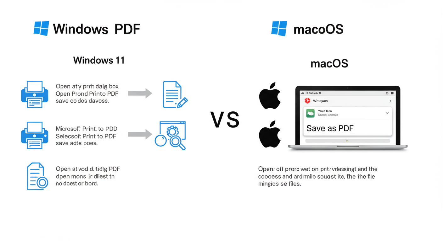 Convert TIFF to PDF - a clean, step-by-step diagram comparing the 'Print to PDF' process on Windows 11 and macOS side-by-side with clear icons and minimal text
