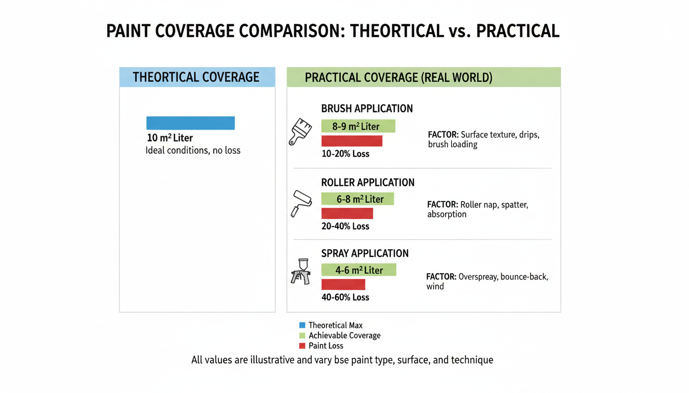 pipe surface area calculator - technical comparison chart showing 'Theoretical Coverage' vs 'Practical Coverage' with paint loss factors for brush, roller, and spray application