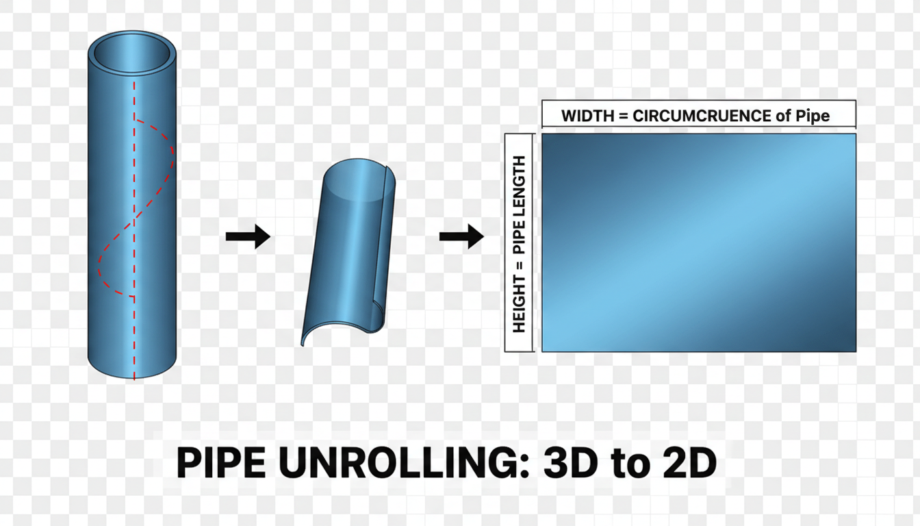 pipe surface area calculator - detailed infographic showing a 3D pipe being sliced and unrolled into a 2D rectangle, labeling the circumference as width and pipe length as height