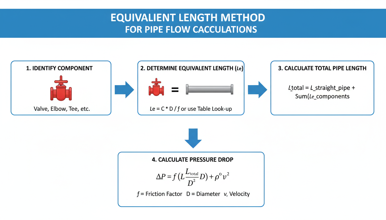 pipe surface area calculator - visual flowchart demonstrating the 'Equivalent Length' method, showing a valve being equated to a specific length of straight pipe for calculation purposes