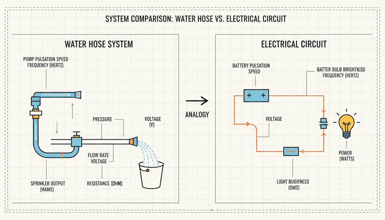 watts to hertz - detailed infographic illustration comparing a water hose system to an electrical circuit, labeling pressure as voltage, flow rate as amps, total output as watts, and pump pulsation speed as hertz
