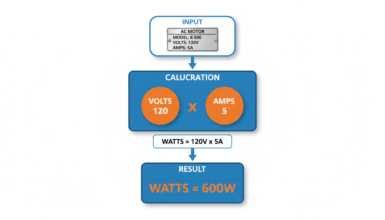 watts to hertz - step-by-step flowchart graphic illustrating the formula Watts = Volts x Amps, showing a device label, the calculation process, and the final result