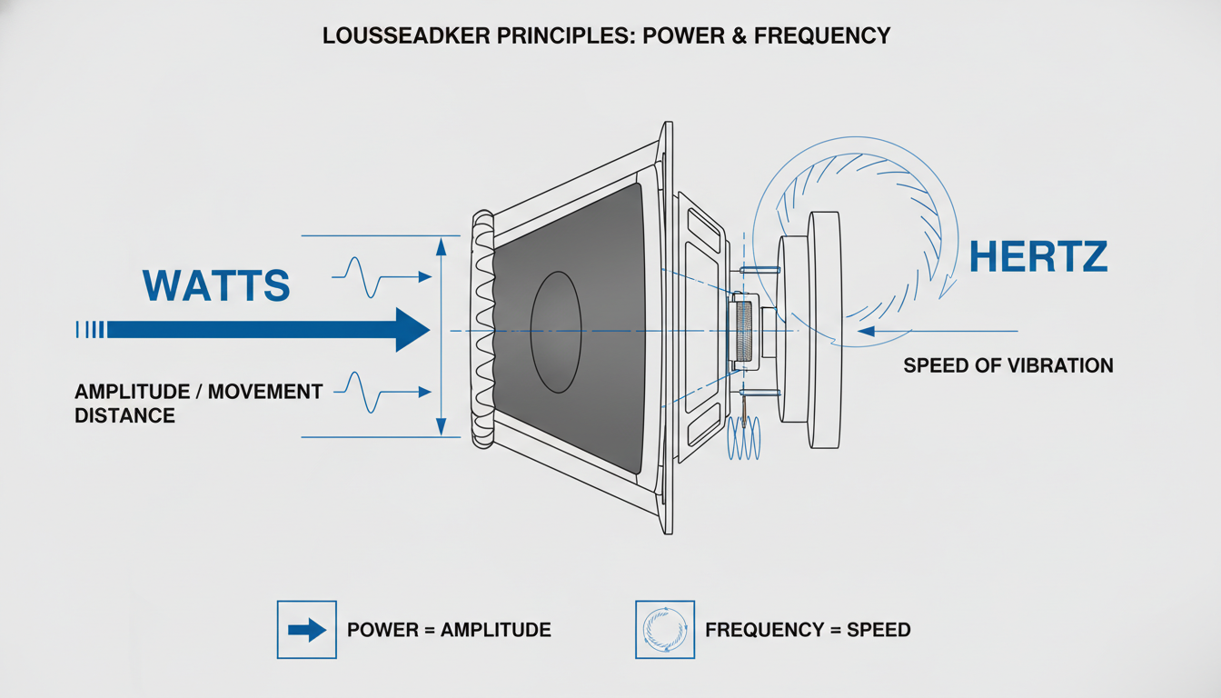 watts to hertz - technical diagram showing a speaker cone, with arrows indicating 'Watts' driving the amplitude/movement distance and 'Hertz' indicating the speed of vibration