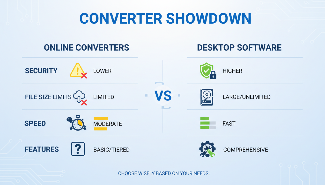 pak to bin converter online - high-quality graphic comparing Online Converters vs. Desktop Software across four criteria: Security, File Size Limits, Speed, and Features, with clear icons and ratings for each.