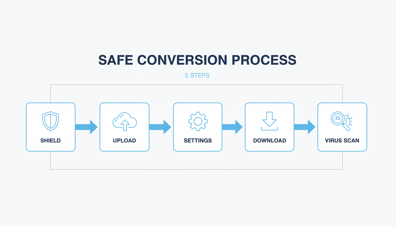 pak to bin converter online - professional minimalist flowchart showing the 5 steps of the safe conversion process, with icons for each step: Shield, Upload, Settings, Download, and Virus Scan.