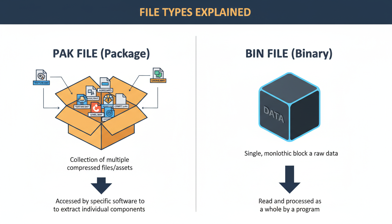 pak to bin converter online - educational infographic clearly illustrating the difference between a PAK file, shown as an open box with multiple files inside, and a BIN file, shown as a solid, opaque data cube.