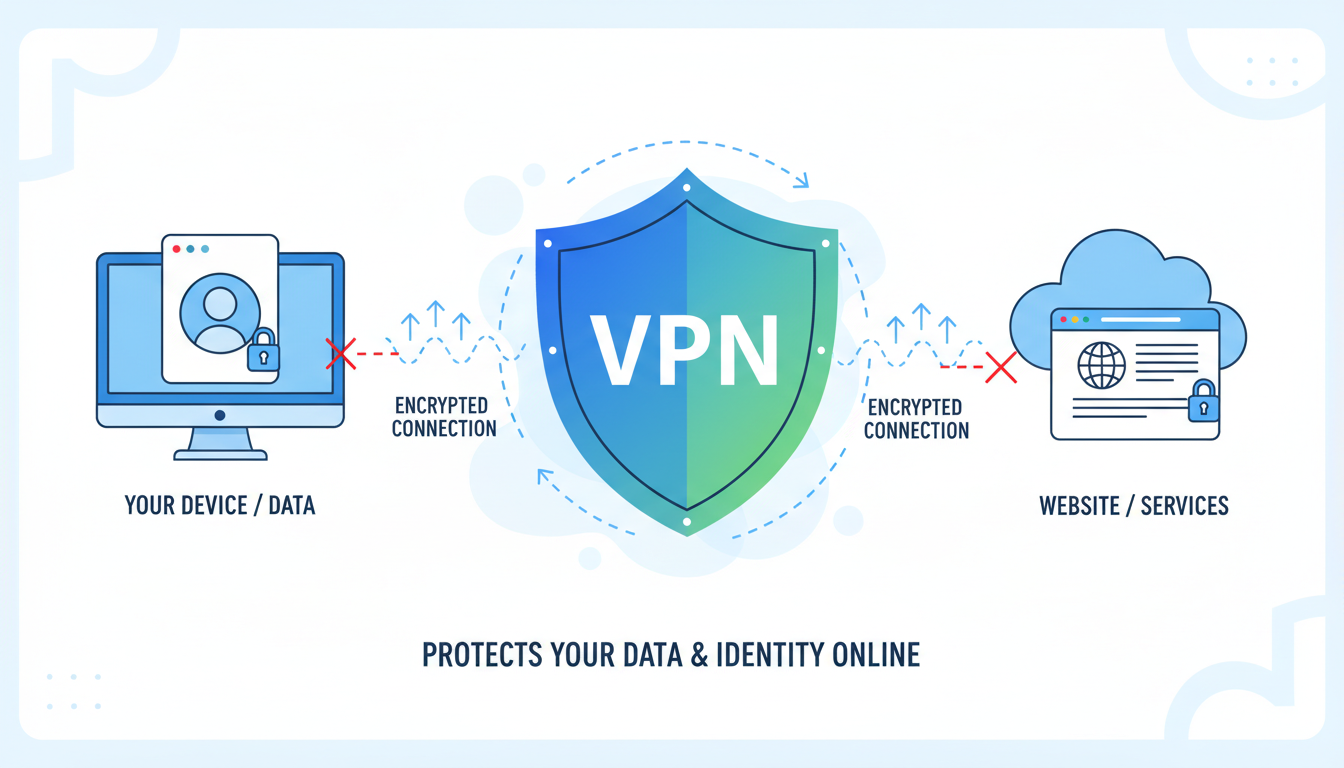 download from hurawatch - A clear, educational diagram showing a computer on the left and a website on the right. In the middle, a shield icon labeled 'VPN' is shown encrypting the connection line, illustrating how a VPN protects user data and identity online.