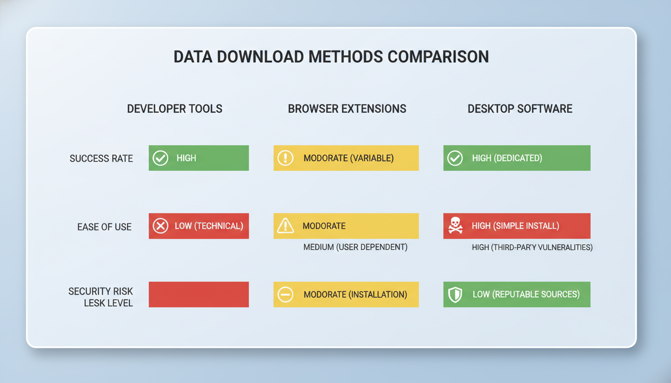 download from hurawatch - A high-quality infographic comparing the three download methods: Developer Tools, Browser Extensions, and Desktop Software. Compare them on axes of 'Success Rate', 'Ease of Use', and 'Security Risk Level'.