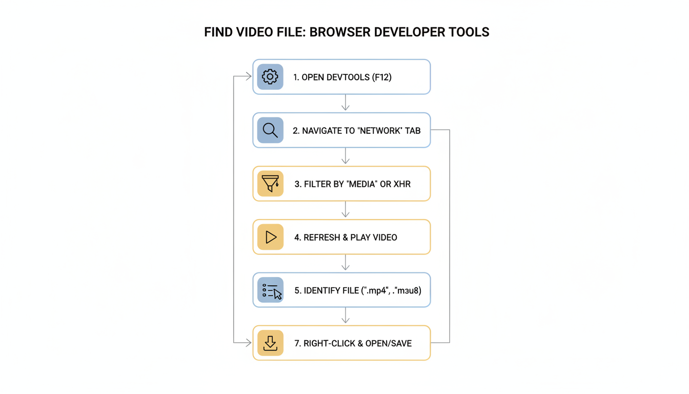 download from hurawatch - A clean, minimalist flowchart diagram illustrating the 7-step process of using browser developer tools to find a video file, with clear icons for each step.