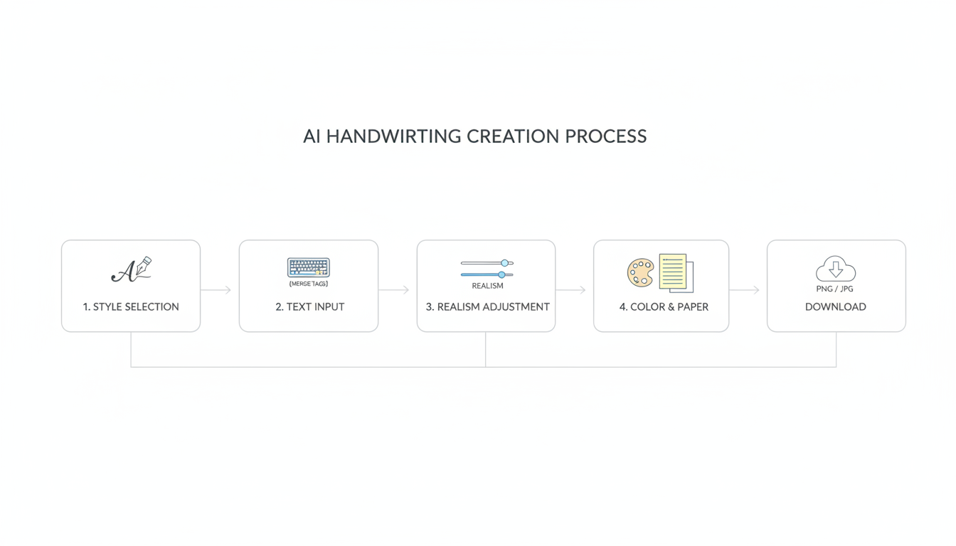 text to handwriting - Professional minimalist flowchart showing the 5-step process to create AI handwriting. Each step has a simple icon: 1. Style selection, 2. Text input with merge tags, 3. Adjustment sliders for 'realism', 4. Color/paper choice, 5. Download icon with PNG/JPG options.