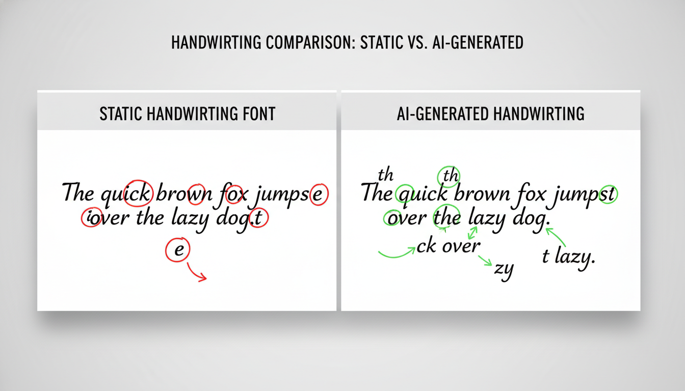 text to handwriting - Detailed comparison table as a high-quality graphic, showing a sentence written in a static handwriting font on the left and an AI-generated version on the right. The font version has identical letters 'e' and 't' circled in red. The AI version has variations in the same letters circled in green, with arrows pointing to natural ligatures and baseline sway.