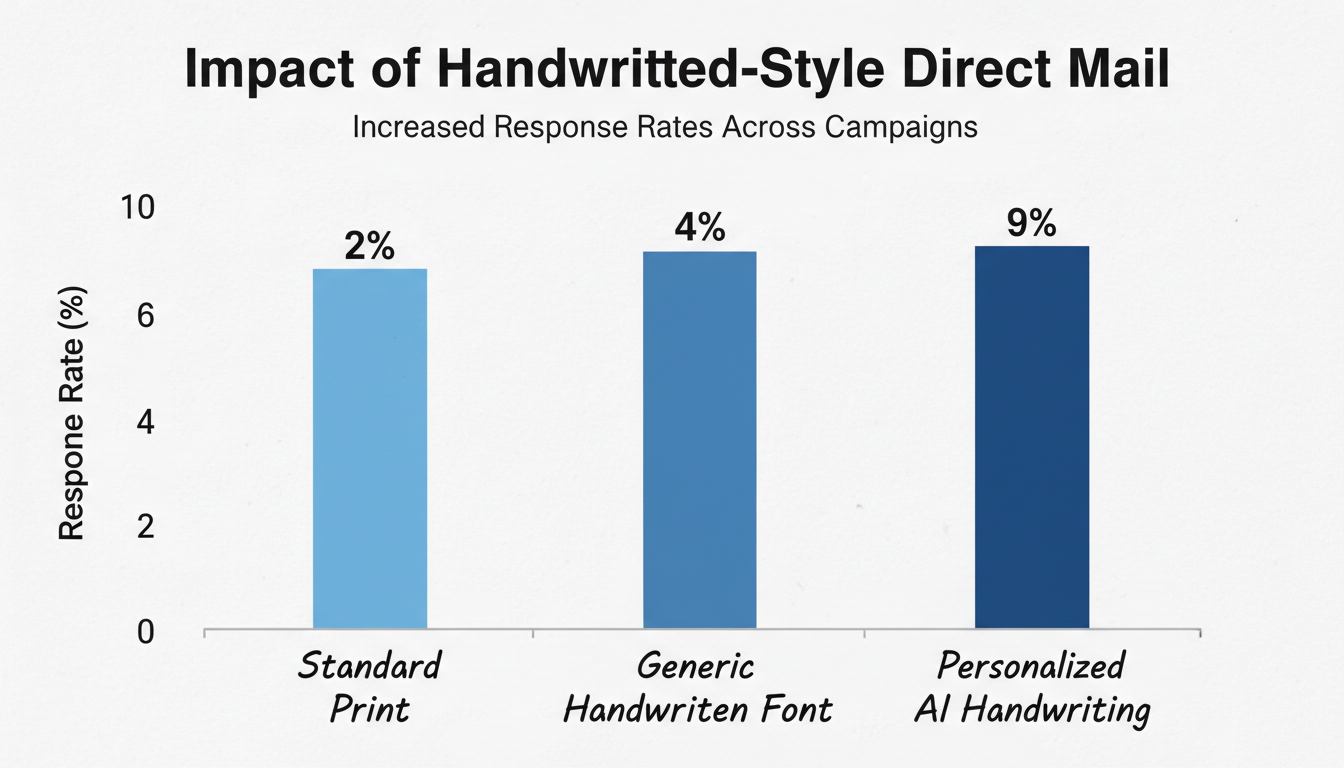 text to handwriting - Data trend graph showing the impact of handwritten-style direct mail. A bar chart compares three campaigns: 'Standard Print' (2% response), 'Generic Handwritten Font' (4% response), and 'Personalized AI Handwriting' (9% response).
