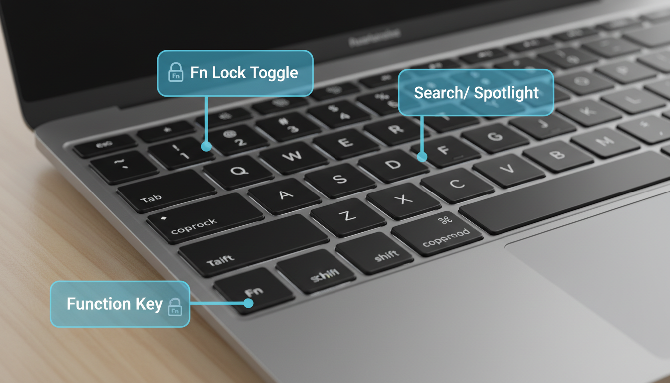 Word shortcut change case - A high-quality photo of a modern laptop keyboard, with glowing callout boxes highlighting the 'Fn' key, the 'Esc' key (with an 'Fn Lock' symbol), and the 'F3' key.