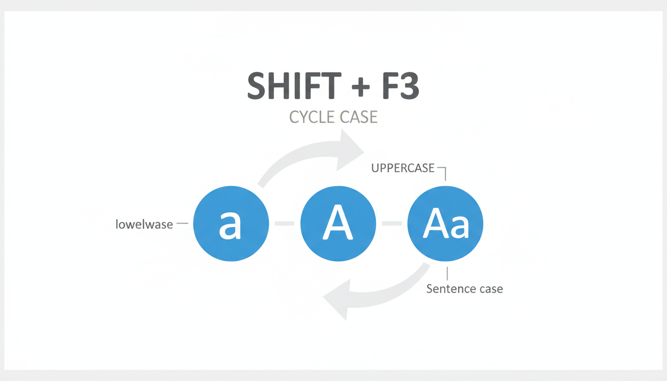 Word shortcut change case - A clean, minimalist infographic showing the three-step cycle of the Shift+F3 shortcut. Use icons for a lowercase 'a', an uppercase 'A', and a sentence-case 'Aa' connected by circular arrows.