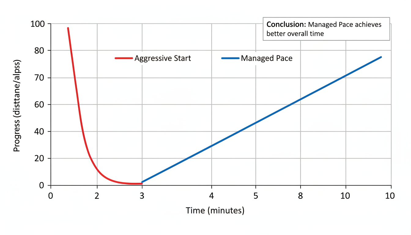 lap time calculator - A data trend graph showing two lines. One line (labeled 'Aggressive Start') starts low (fast) and rises sharply (slows down). The second line (labeled 'Managed Pace') starts slightly higher but stays flat and consistent, resulting in a better overall time.