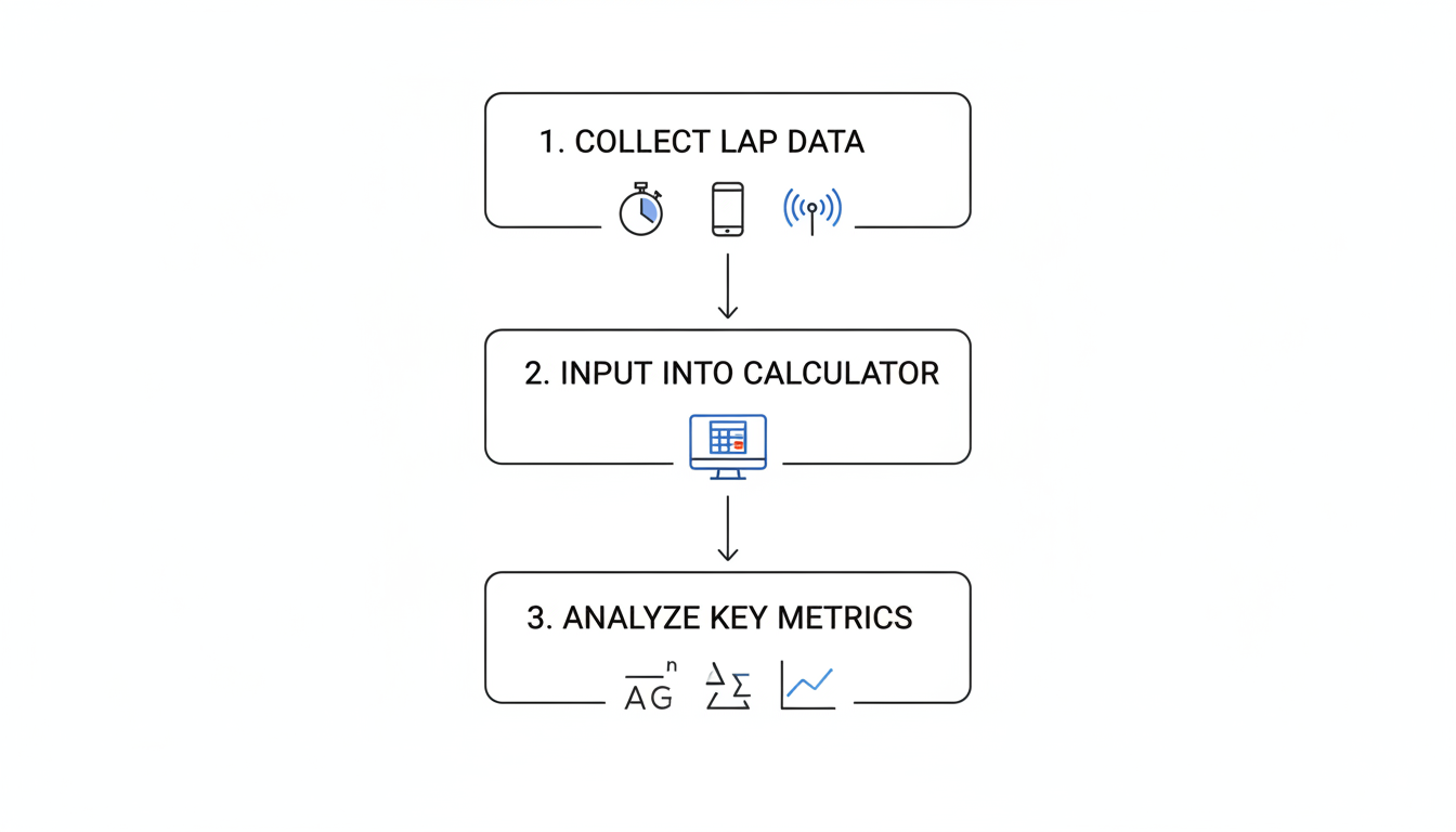lap time calculator - A clean, minimalist flowchart diagram illustrating the 3-step process: 1. Collect Lap Data (with icons for stopwatch, phone, telemetry), 2. Input into Calculator (icon of a computer screen), 3. Analyze Key Metrics (icons for average, delta, consistency).