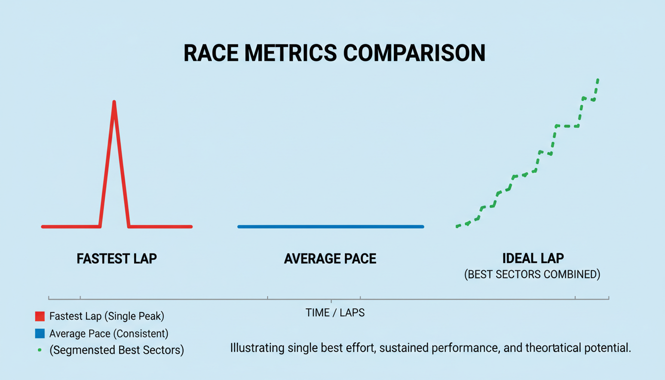 lap time calculator - Educational infographic visually comparing three core racing metrics: a single peak for 'Fastest Lap', a steady line for 'Average Pace', and a dotted line combining the best sectors for 'Ideal Lap'.