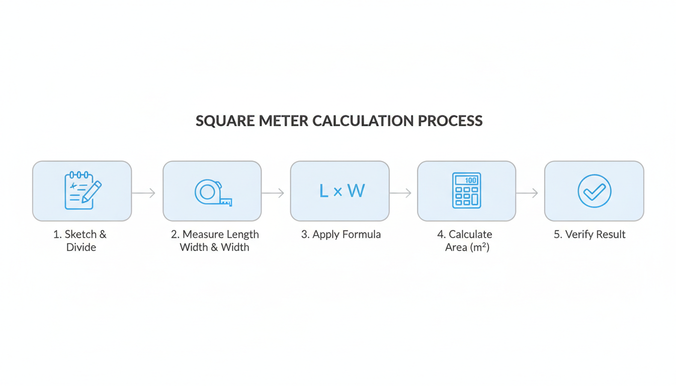 convert meter to square meter - A clean, minimalist flowchart graphic illustrating the 5-step process for calculating square meters, with simple icons for each step: a sketchpad, a tape measure, a formula, a calculator, and a checkmark.