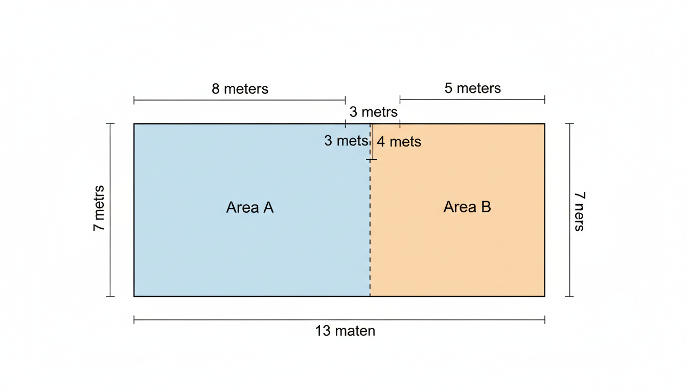 convert meter to square meter - A simple, clear architectural diagram of an L-shaped room. The room is split into two distinct colored rectangles (Area A and Area B) with dashed lines. Each wall segment has a clear measurement label in meters.