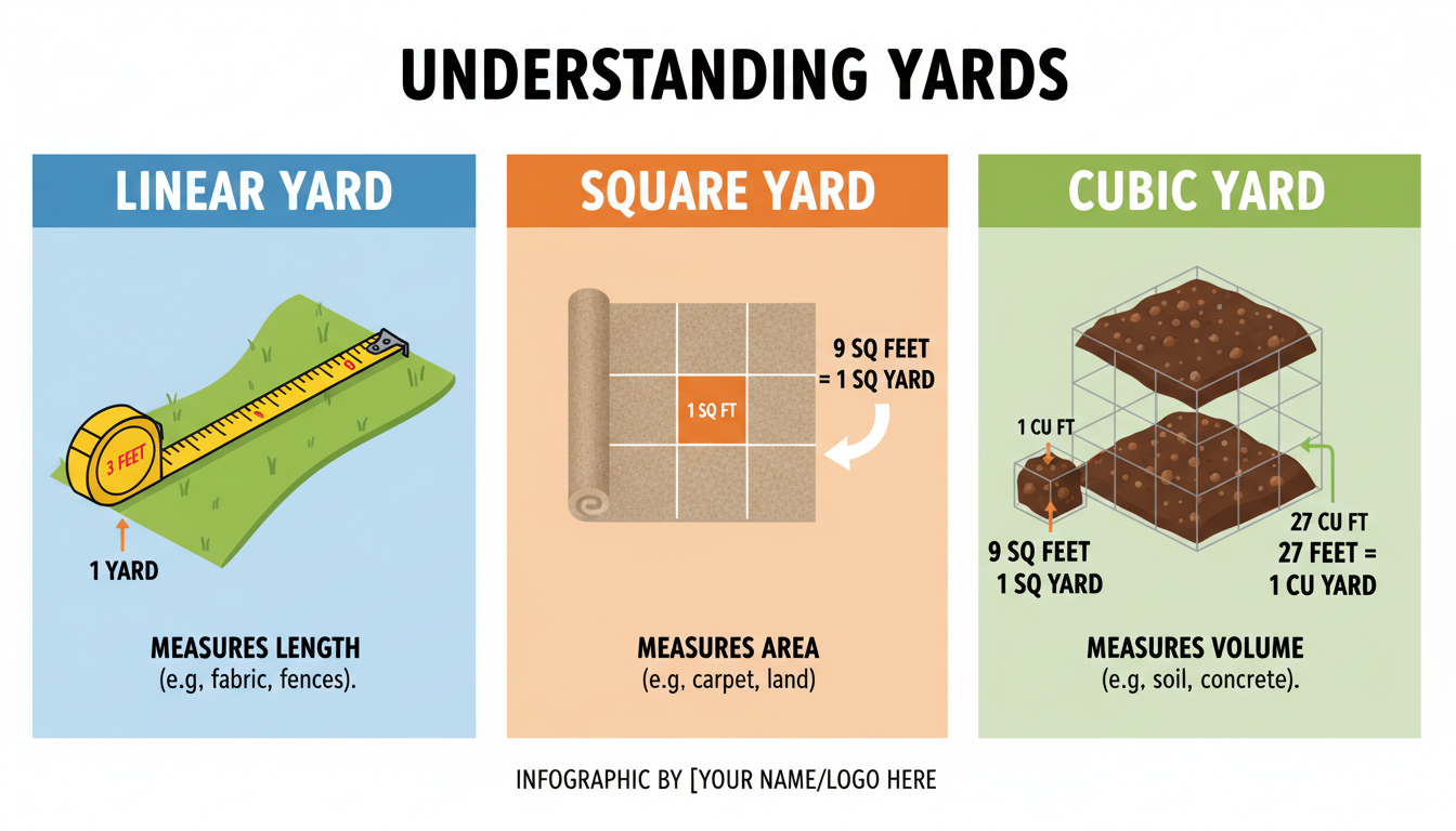 Linear Yard to Yard - Educational infographic comparing Linear, Square, and Cubic yards. Linear shows a tape measure stretching out. Square shows a grid over a piece of carpet. Cubic shows a 3D cube representing a pile of soil.