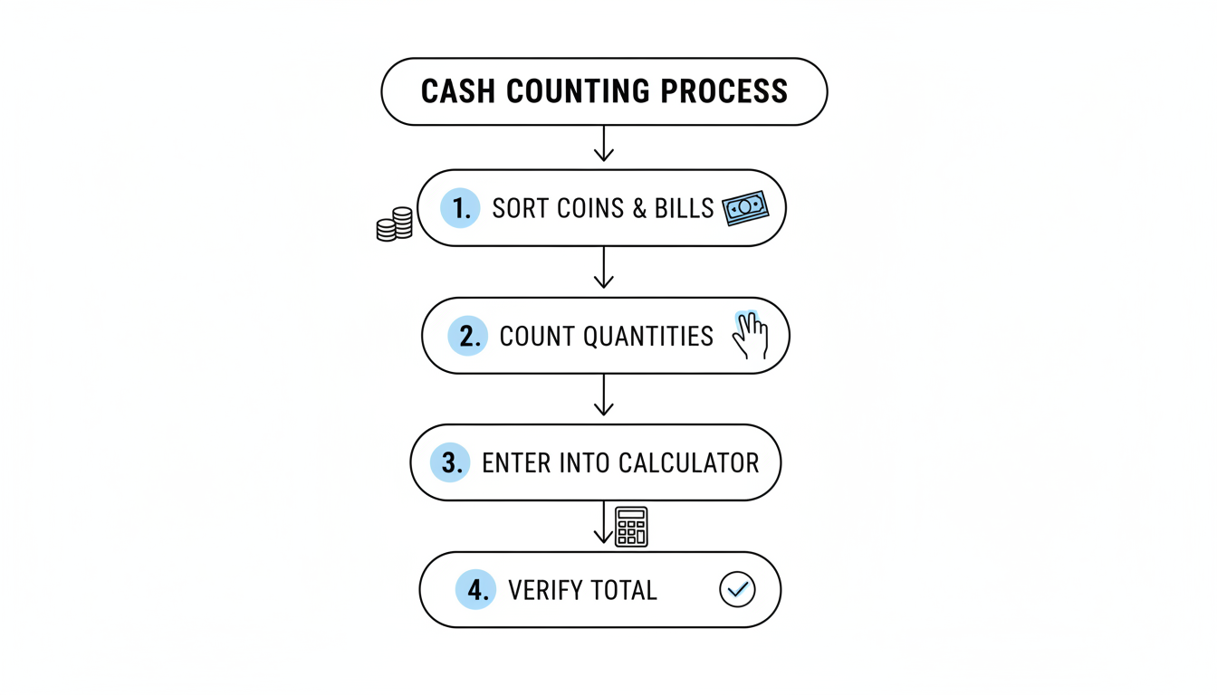 Denomination calculator - A clean, minimalist flowchart diagram illustrating the 4-step cash counting process: 1. Sort Coins & Bills, 2. Count Quantities, 3. Enter into Calculator, 4. Verify Total.