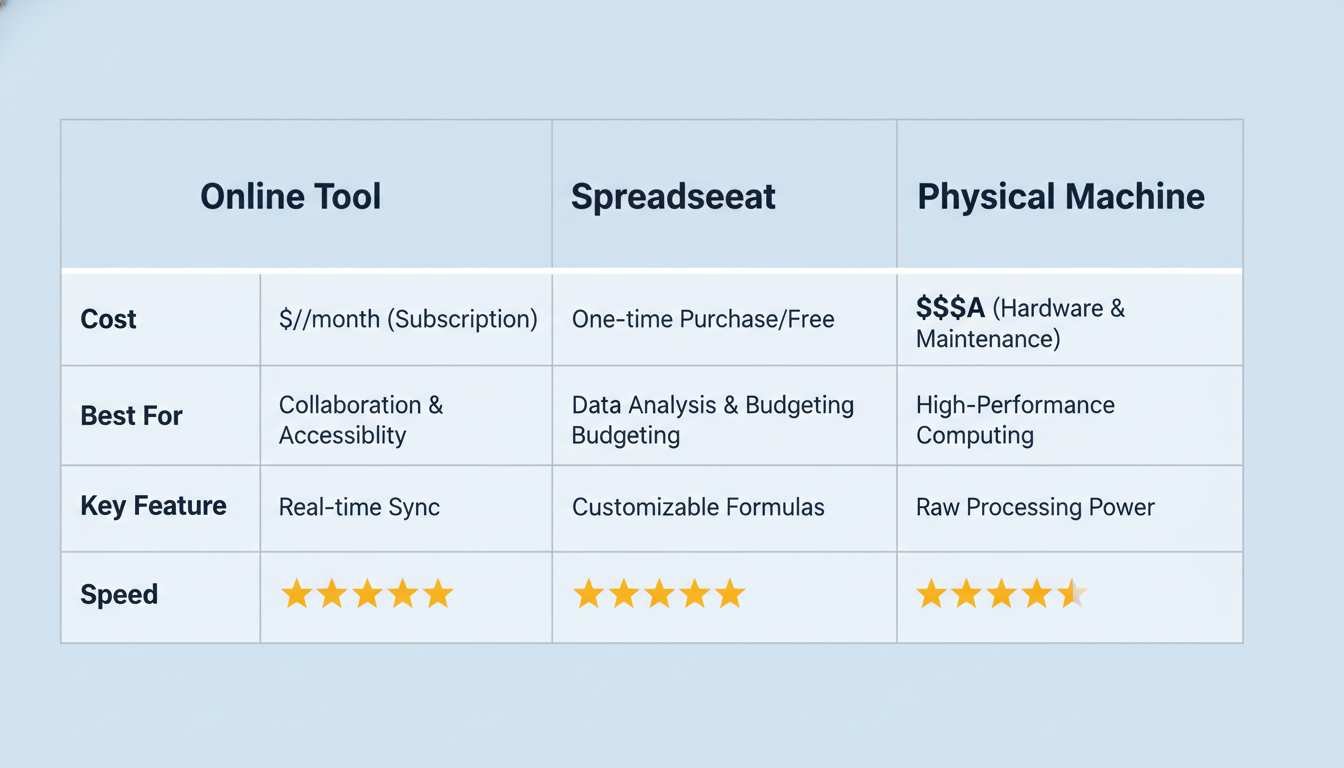Denomination calculator - A high-quality comparison chart graphic showing three columns for Online Tool, Spreadsheet, and Physical Machine, with rows for Cost, Best For, Key Feature, and a 5-star rating for Speed.