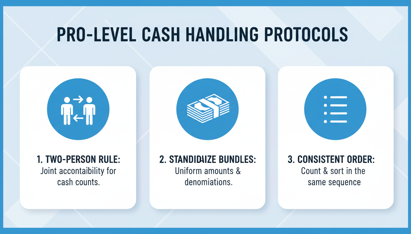 Denomination calculator - An educational infographic with icons summarizing the pro-level cash handling protocols: an icon of two people for the Two-Person Rule, an icon of a strapped stack of cash for Standardize Bundles, and a numbered list icon for Consistent Order.