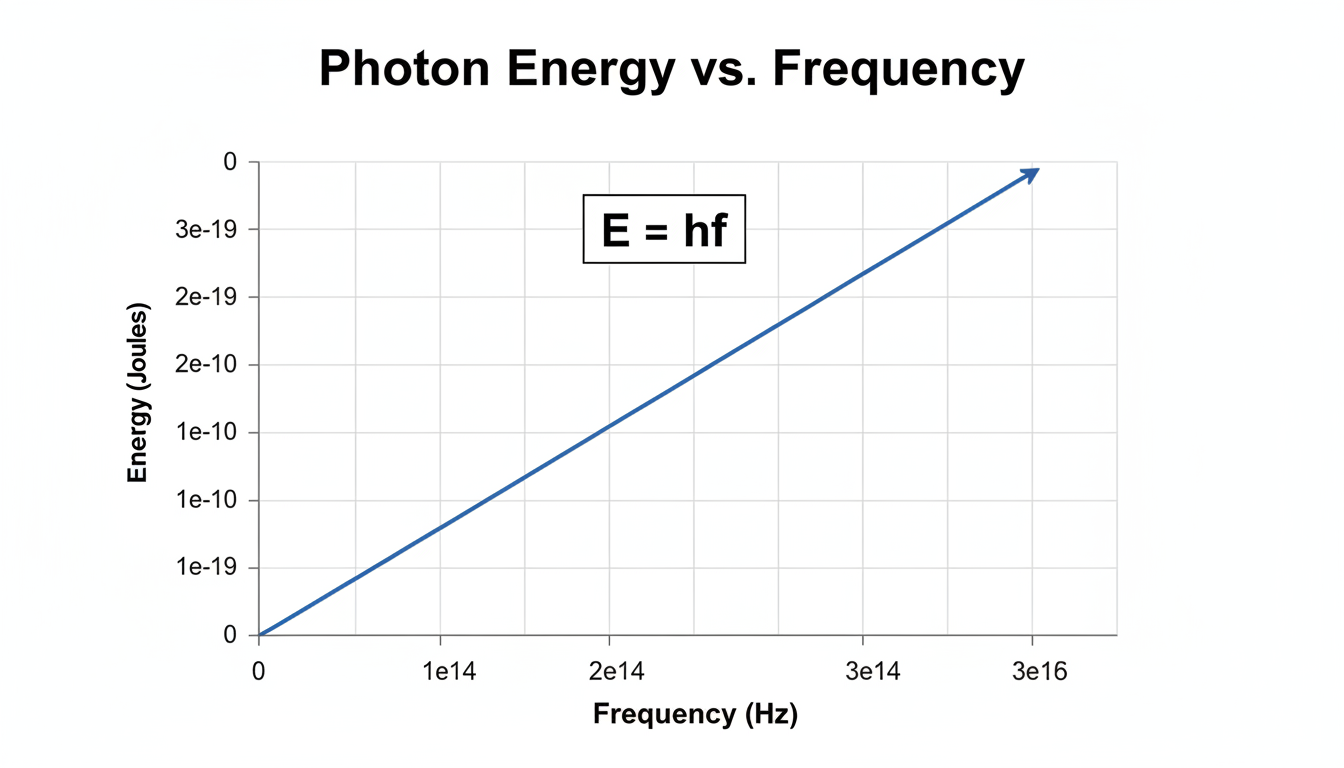 Convert Hz into Watts - A simple, educational line graph titled 'Photon Energy vs. Frequency'. The X-axis is 'Frequency (Hz)' and the Y-axis is 'Energy (Joules)'. A straight line goes up from the origin, showing a direct linear relationship, with the formula E=hf displayed prominently.