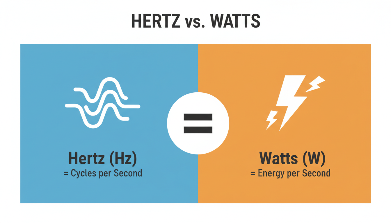 Convert Hz into Watts - A clean, modern infographic visually comparing Hertz and Watts. On the left, a wave icon with the label "Hertz (Hz) = Cycles per Second." On the right, a lightning bolt icon with the label "Watts (W) = Energy per Second." A large "≠" symbol is between them.