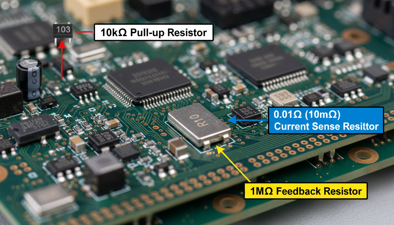 Ohms conversion - A high-resolution photo of a complex printed circuit board (PCB). Use graphic callouts to point to three different surface-mount resistors. One callout says "10kΩ Pull-up Resistor", another says "0.01Ω (10mΩ) Current Sense Resistor", and a third says "1MΩ Feedback Resistor".
