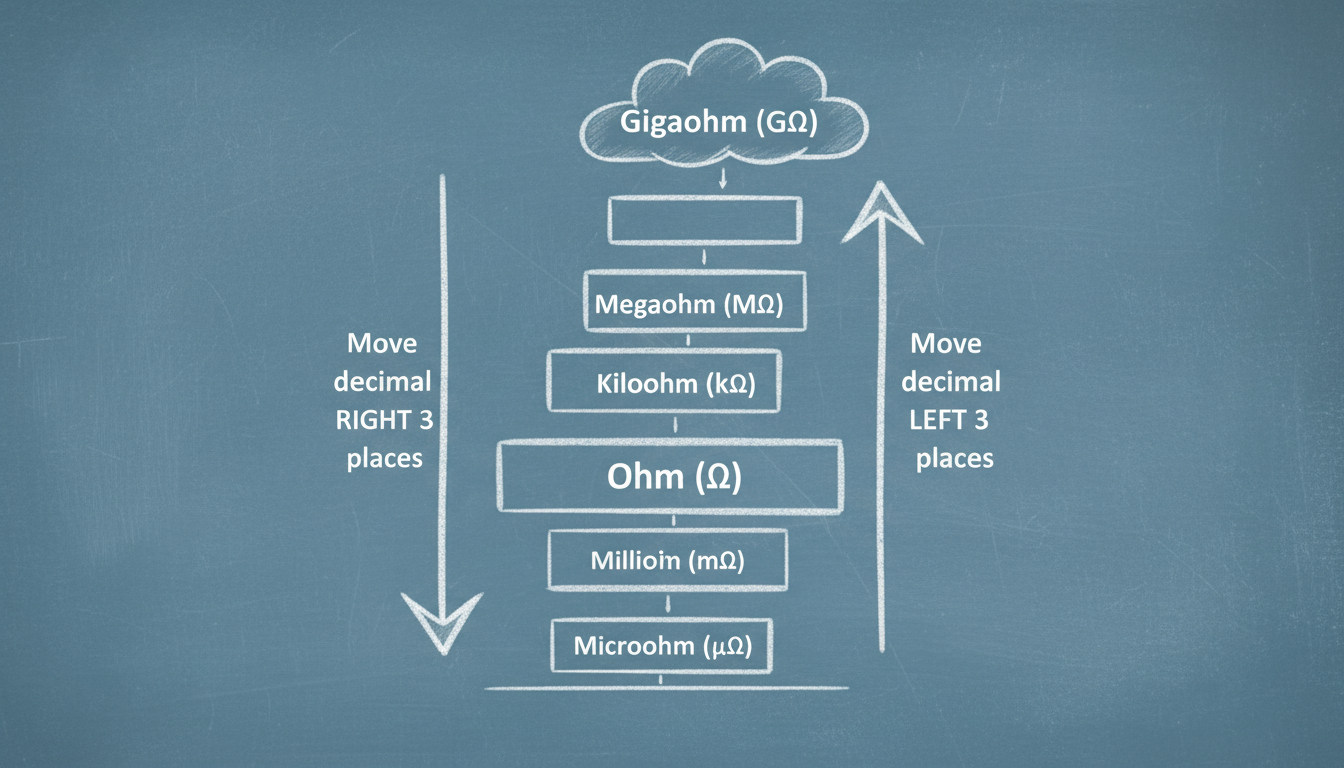 Ohms conversion - An educational infographic designed as a "ladder" or "staircase". At the top is Gigaohm (GΩ), then Megaohm (MΩ), Kiloohm (kΩ), the base unit Ohm (Ω), Milliohm (mΩ), and Microohm (µΩ) at the bottom. Arrows pointing down are labeled "Move decimal RIGHT 3 places" and arrows pointing up are labeled "Move decimal LEFT 3 places".