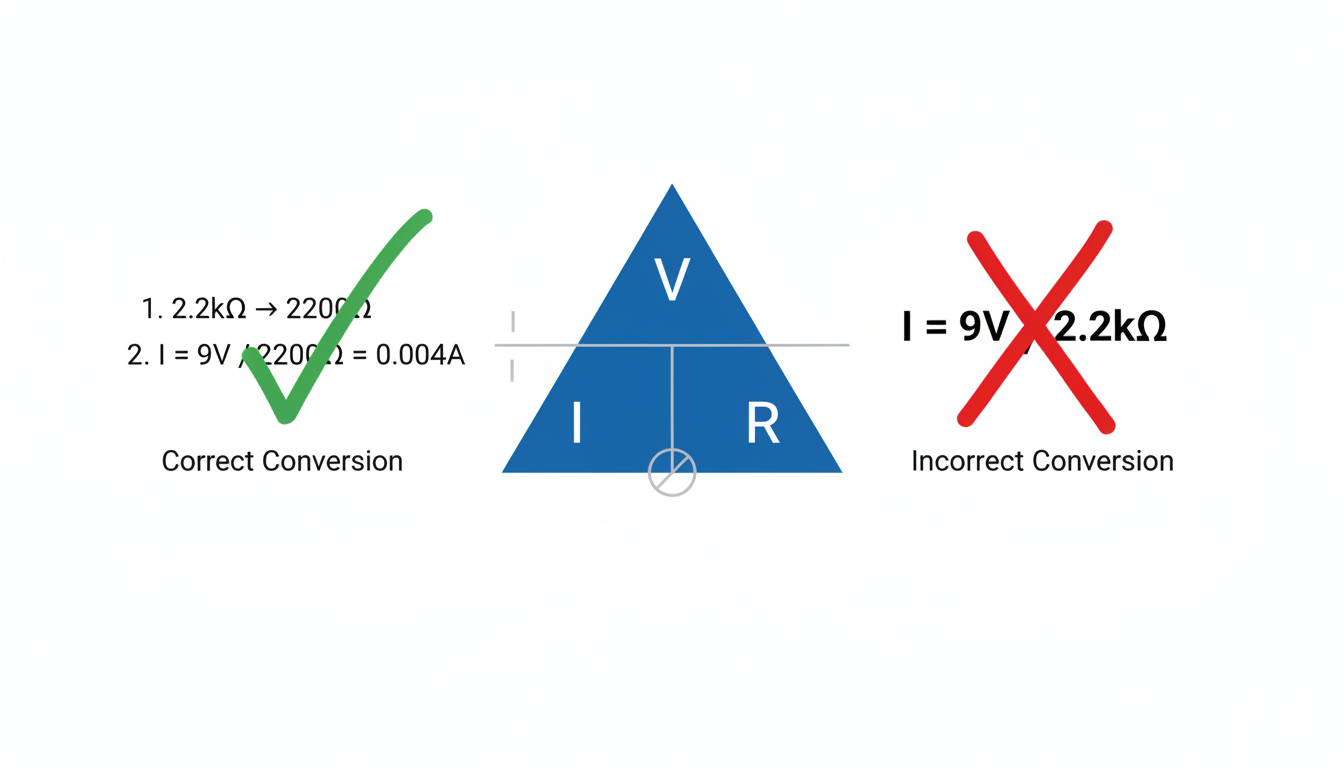 Ohms conversion - A clean, modern diagram of the Ohm's Law triangle (V on top, I and R on the bottom). On the right side, show a sample calculation `I = 9V / 2.2kΩ` with a large red "X" over it. On the left side, show the correct two-step process: `1. 2.2kΩ -> 2200Ω` and `2. I = 9V / 2200Ω = 0.004A` with a large green checkmark.