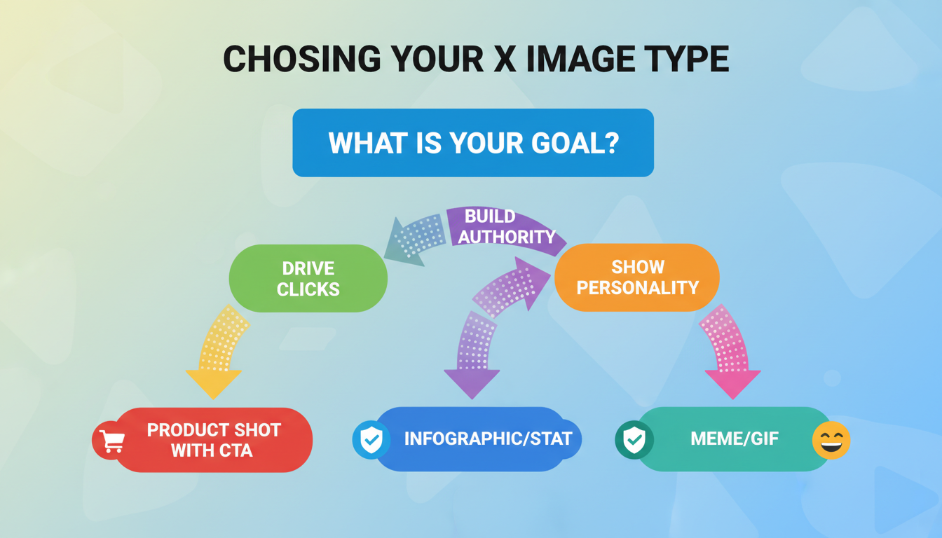 perfect tweet image - A dynamic flowchart diagram titled 'Choosing Your X Image Type'. It starts with 'What is your goal?' and branches into options like 'Drive Clicks', 'Build Authority', 'Show Personality', leading to recommended image types like 'Product Shot with CTA', 'Infographic/Stat', and 'Meme/GIF'.
