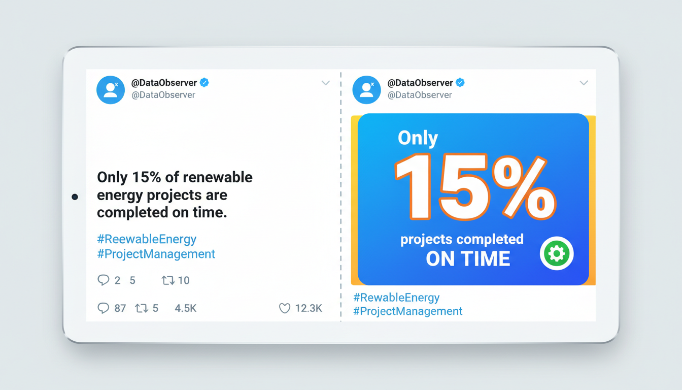 perfect tweet image - A side-by-side comparison graphic. On the left, a plain text tweet with a statistic. On the right, the same statistic presented in a vibrant, simple infographic with a large number and a relevant icon, showing much higher engagement metrics.