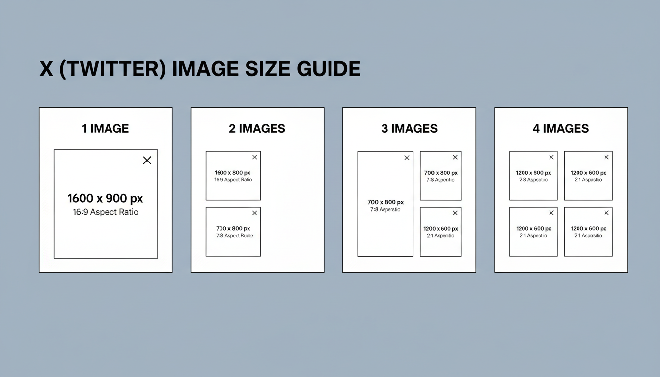 perfect tweet image - A clean, minimalist infographic visually displaying the X (Twitter) image size guide for 1, 2, 3, and 4 images, with clear pixel dimensions and aspect ratios for each layout.