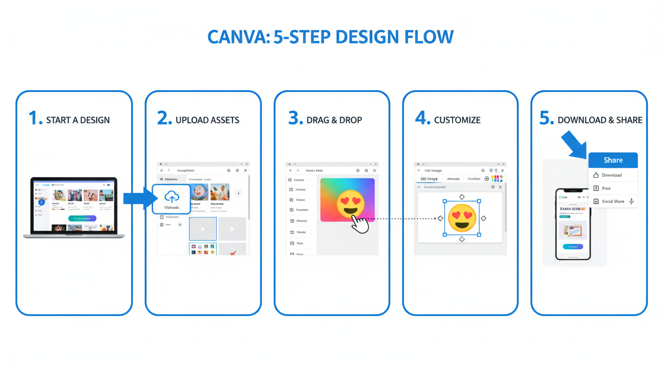laughing emoji PNG - A clean, step-by-step diagram illustrating the 5 steps in Canva. Show the Canva interface with arrows pointing to the "Uploads" button, the emoji being dragged onto the canvas, and the final "Download" button.