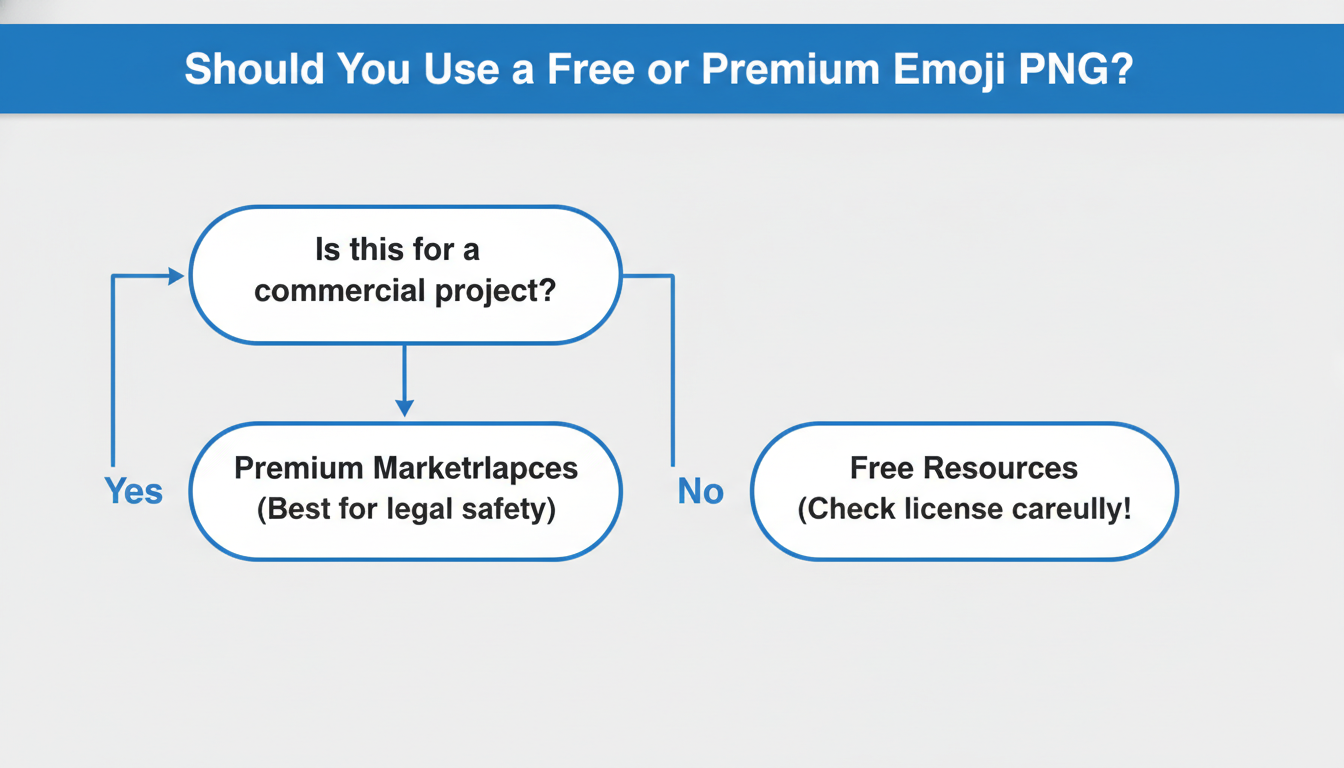 laughing emoji PNG - A simple flowchart titled "Should You Use a Free or Premium Emoji PNG?". It starts with the question "Is this for a commercial project?". If "Yes", it points to "Premium Marketplaces (Best for legal safety)". If "No", it points to "Free Resources (Check license carefully!)".