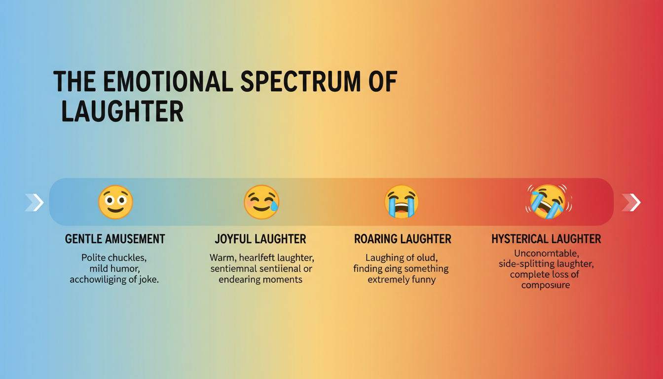 laughing emoji PNG - A vibrant infographic titled "The Emotional Spectrum of Laughter" showing the four main laughing emojis (😂, 🤣, 😄, 🥲) on a scale from "Gentle Amusement" to "Hysterical Laughter", with short descriptions of the ideal emotional context for each.