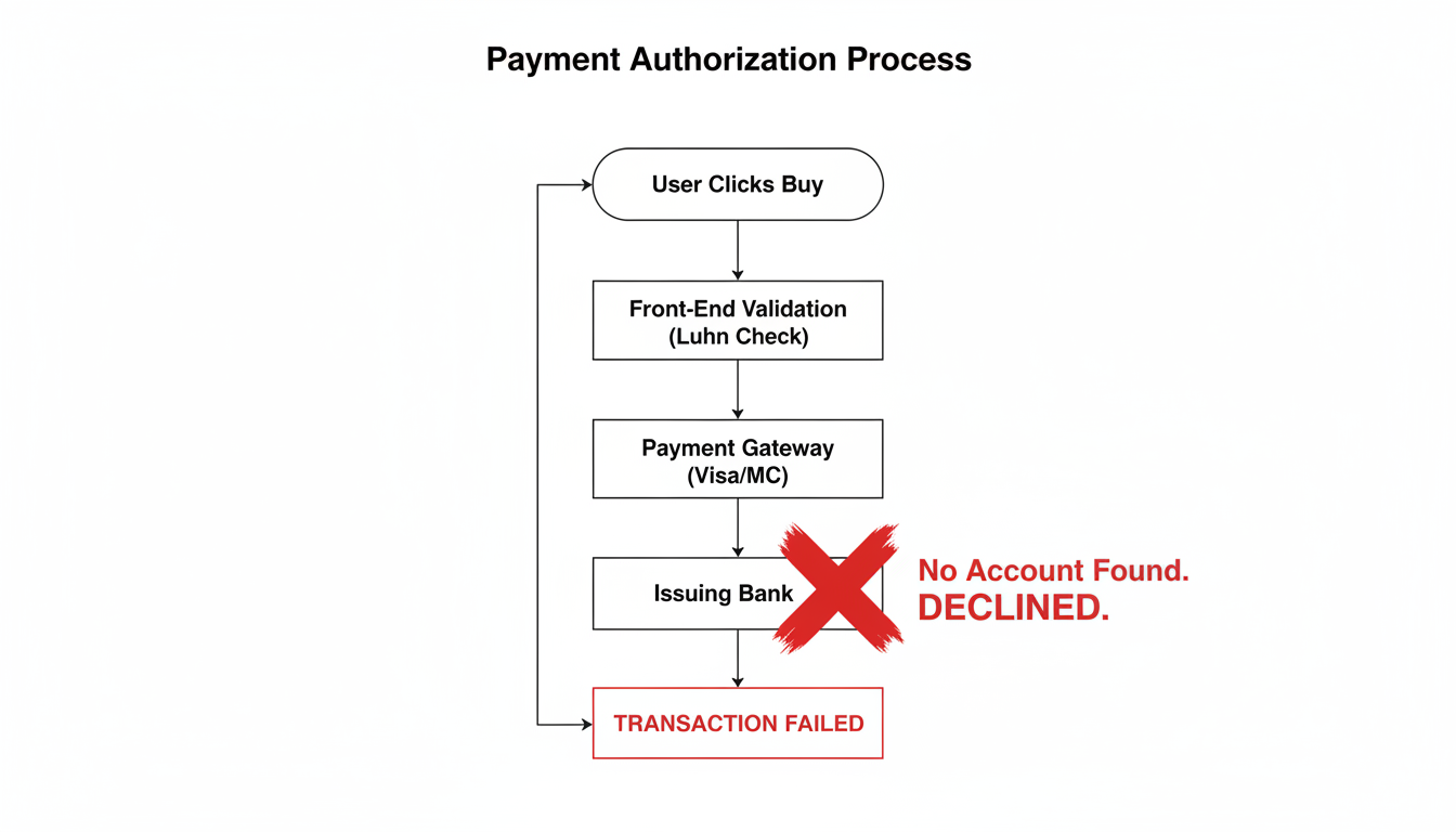 targeta de credito falsa generar - Professional minimalist flowchart showing the payment authorization process. Start with 'User Clicks Buy', then to 'Front-End Validation (Luhn Check)', then 'Payment Gateway', then 'Card Network (Visa/MC)', then 'Issuing Bank'. Show a big red 'X' at the 'Issuing Bank' step with the label 'No Account Found. DECLINED.'