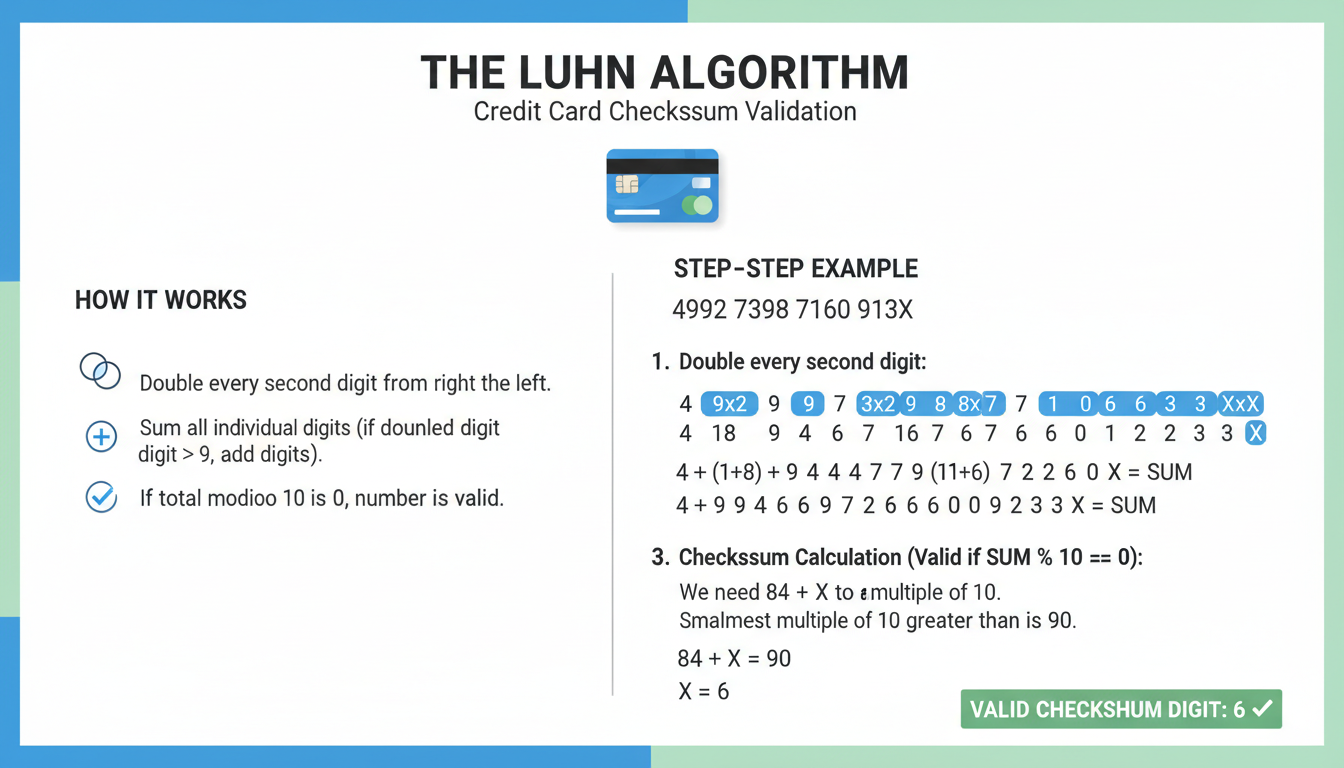 targeta de credito falsa generar - Educational infographic explaining the Luhn algorithm with a step-by-step visual breakdown of the checksum calculation on a sample credit card number.