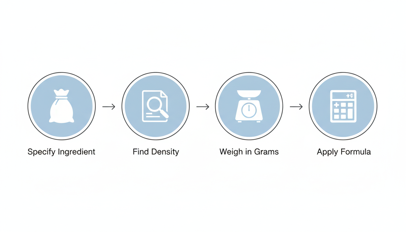 grams to quarts - A clean, minimalist flowchart with four icons and steps: 1. A bag of flour icon with text "Specify Ingredient", 2. A magnifying glass icon with text "Find Density", 3. A kitchen scale icon with text "Weigh in Grams", 4. A calculator icon with text "Apply Formula".