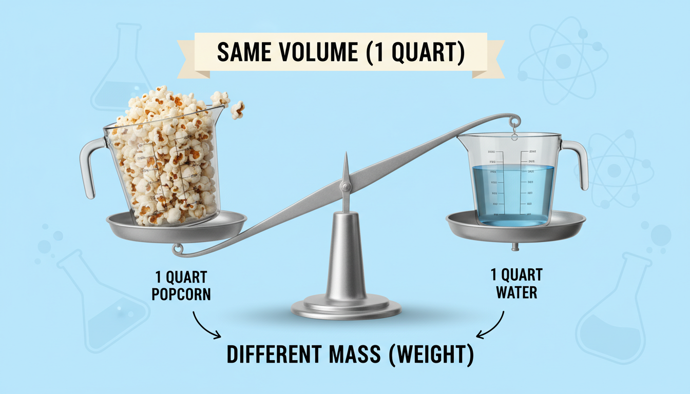 grams to quarts - Educational infographic comparing a quart of popcorn and a quart of water on a balance scale. The popcorn side is high up, and the water side is low down, visually demonstrating the difference in mass for the same volume. Text labels: "Same Volume (1 Quart), Different Mass (Weight)".