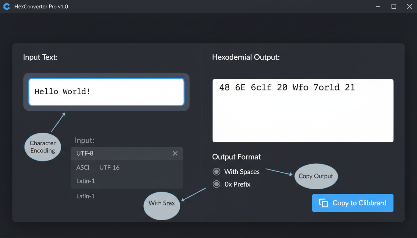 Text to Hexadecimal Converter - a clean, modern UI of a fictional 'HexConverter Pro' tool. The left panel has an input box with 'Hello World!'. The right panel shows the hex output '48 65 6c 6c 6f...'. Callout bubbles point to advanced features like a 'Character Encoding' dropdown (showing UTF-8, ASCII), 'Output Format' radio buttons (with spaces, 0x prefix), and a 'Copy to Clipboard' button.