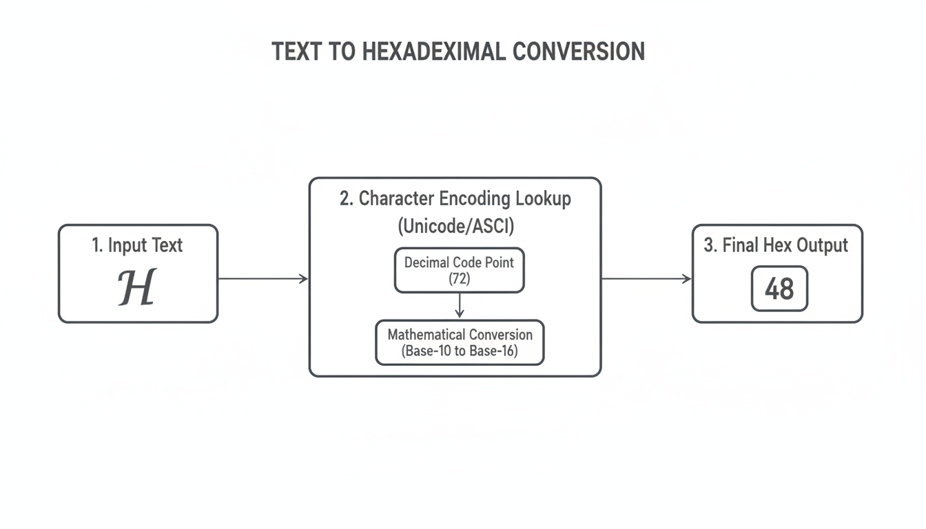 Text to Hexadecimal Converter - professional minimalist flowchart showing the 3-step workflow: Input Text ('H') -> Character Encoding Lookup (Unicode/ASCII) -> Decimal Code Point (72) -> Mathematical Conversion (Base-10 to Base-16) -> Final Hex Output ('48')