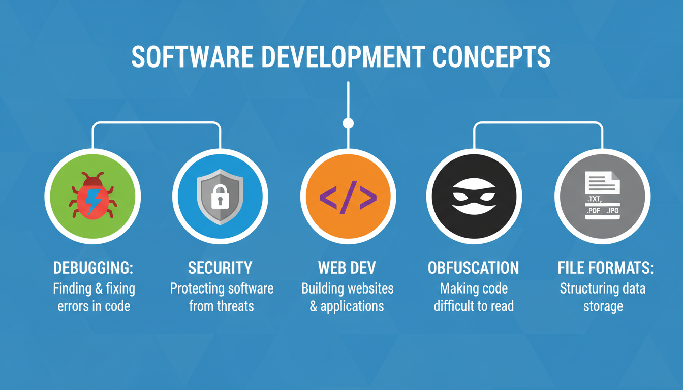 Text to Hexadecimal Converter - educational infographic with 5 icons representing Debugging (a bug icon), Security (a shield), Web Dev (a code tag), Obfuscation (a masked eye), and File Formats (a document icon), each with a brief explanation of the use case.