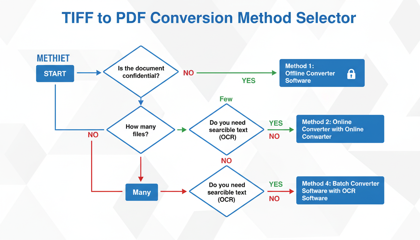 convert TIFF to PDF - A decision-making flowchart helping users choose the right TIFF to PDF conversion method. Questions in the flowchart include: 'Is the document confidential?', 'How many files?', 'Do you need searchable text (OCR)?', leading to one of the 5 methods.