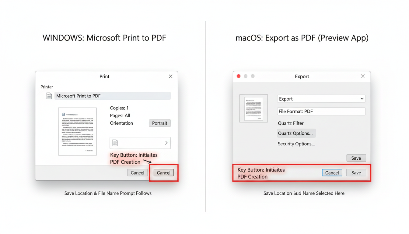 convert TIFF to PDF - A clean, side-by-side diagram showing the 'Microsoft Print to PDF' screen on Windows and the 'Export as PDF' screen in Preview on macOS, highlighting the key buttons.