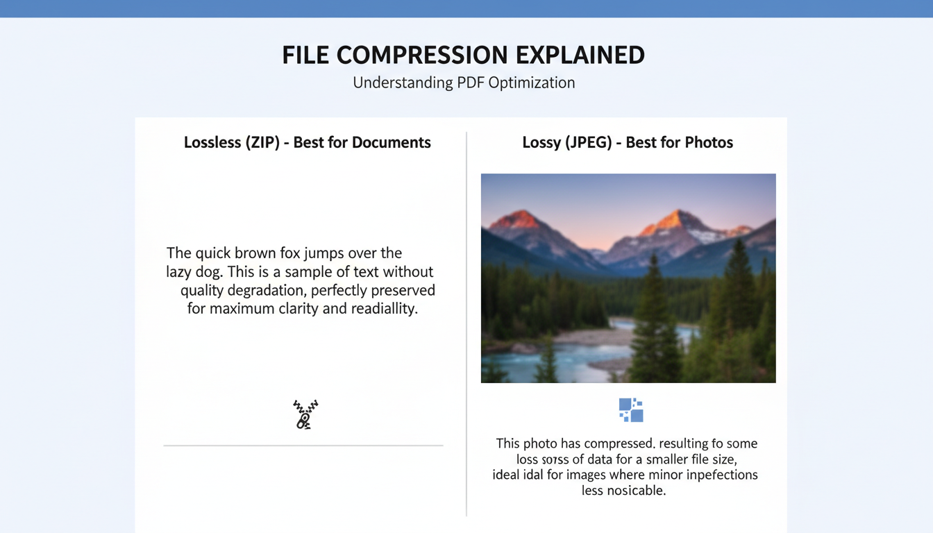 convert TIFF to PDF - An educational infographic explaining the difference between lossy (JPEG) and lossless (ZIP) compression within a PDF. One side shows a crisp, clear text sample labeled 'Lossless (ZIP) - Best for Documents'. The other side shows a slightly blurry, artifacted photo labeled 'Lossy (JPEG) - Best for Photos'.